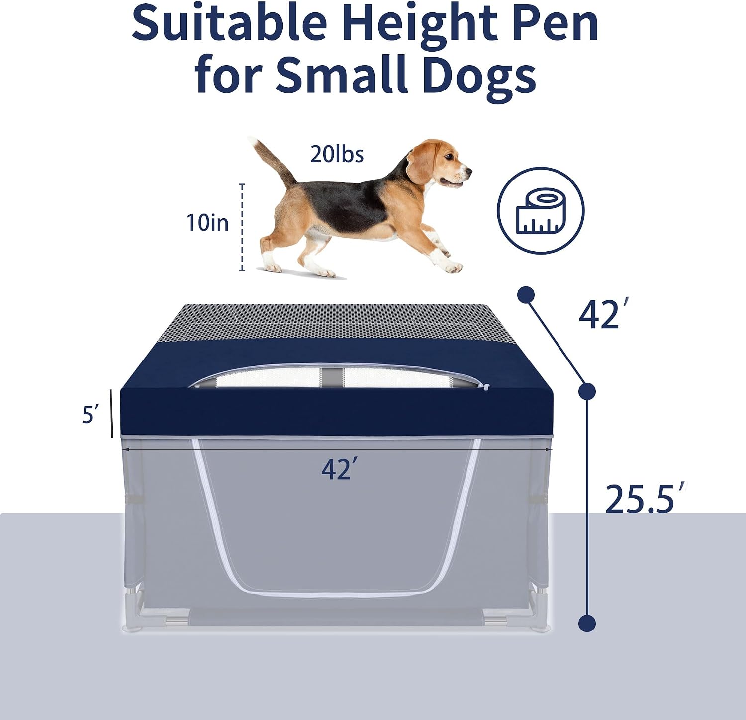 Navy blue soft fabric puppy playpen topper installed on a square indoor pet enclosure