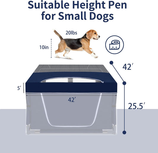 Navy blue soft fabric puppy playpen topper installed on a square indoor pet enclosure