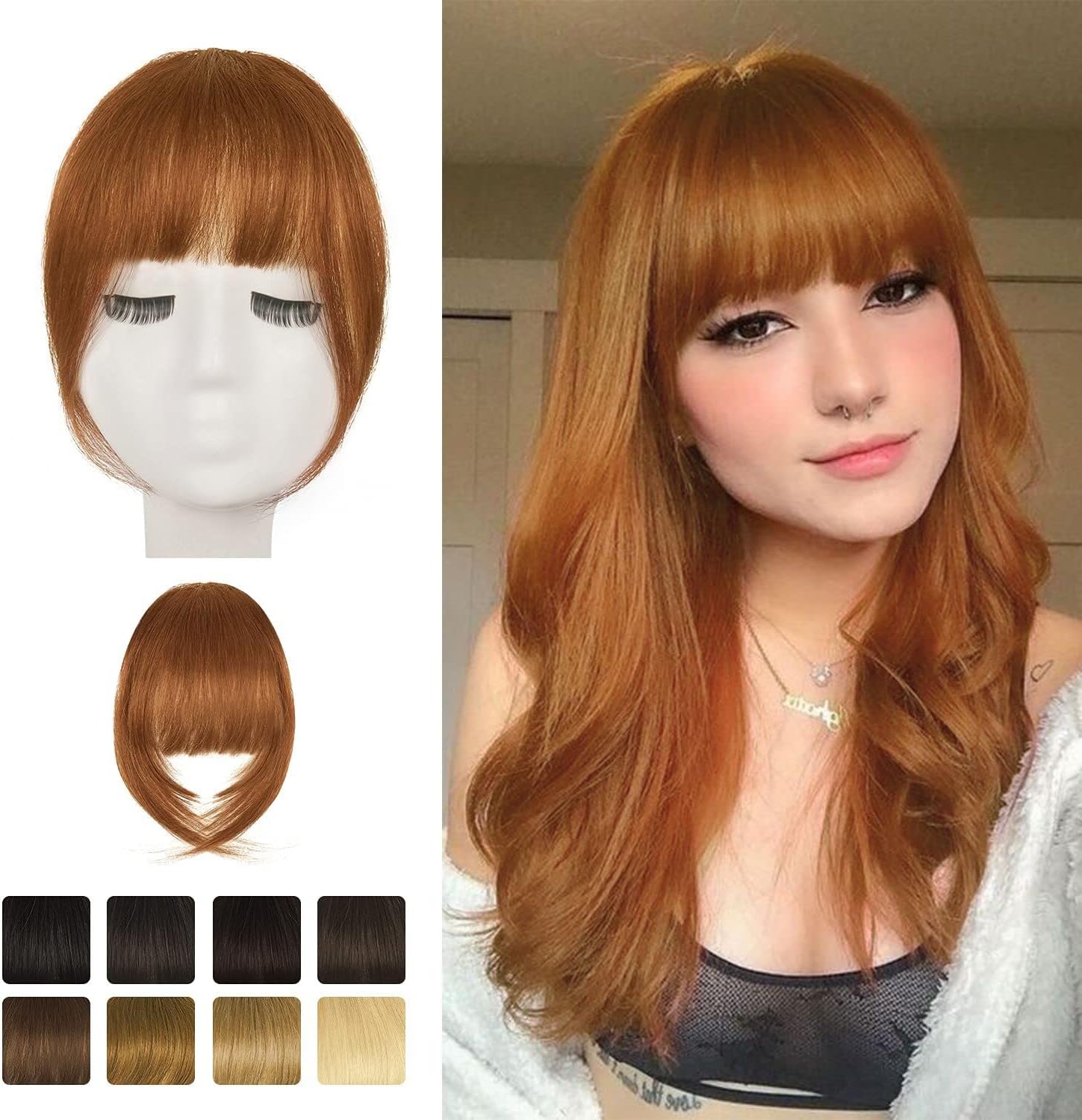 BARSDAR Real Human Hair Clip in Bangs front view showcasing Medium Auburn French fringe style.