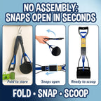 Foldable portable blue pet scooper showcasing ergonomic handle and hang hole.