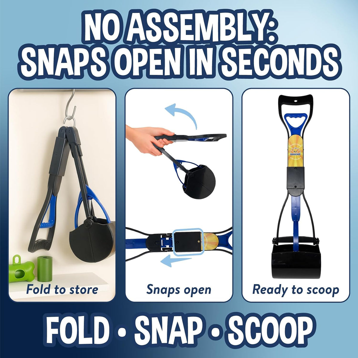 Foldable portable blue pet scooper showcasing ergonomic handle and hang hole.