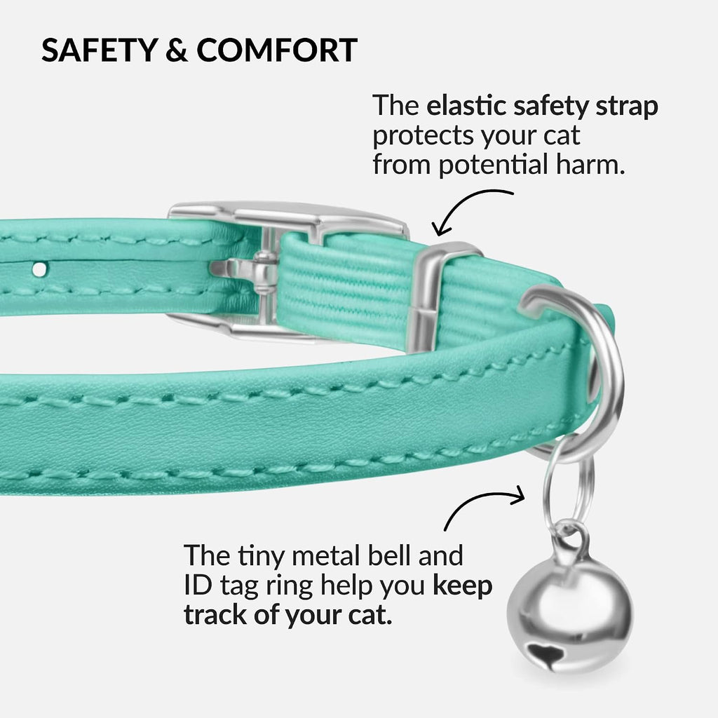 Soft Leather Cat Collar with Safety Elastic Strap - Mint Green - Image 4