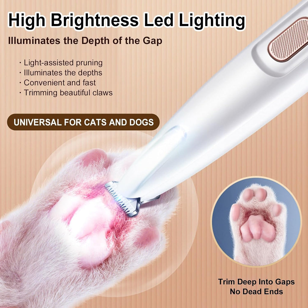 Generic Calmclippers pet precision trimmer showing the LED light illuminating dark fur.
