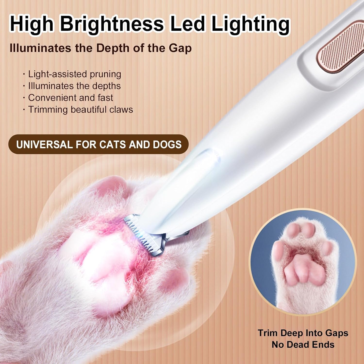 Generic Calmclippers pet precision trimmer showing the LED light illuminating dark fur.
