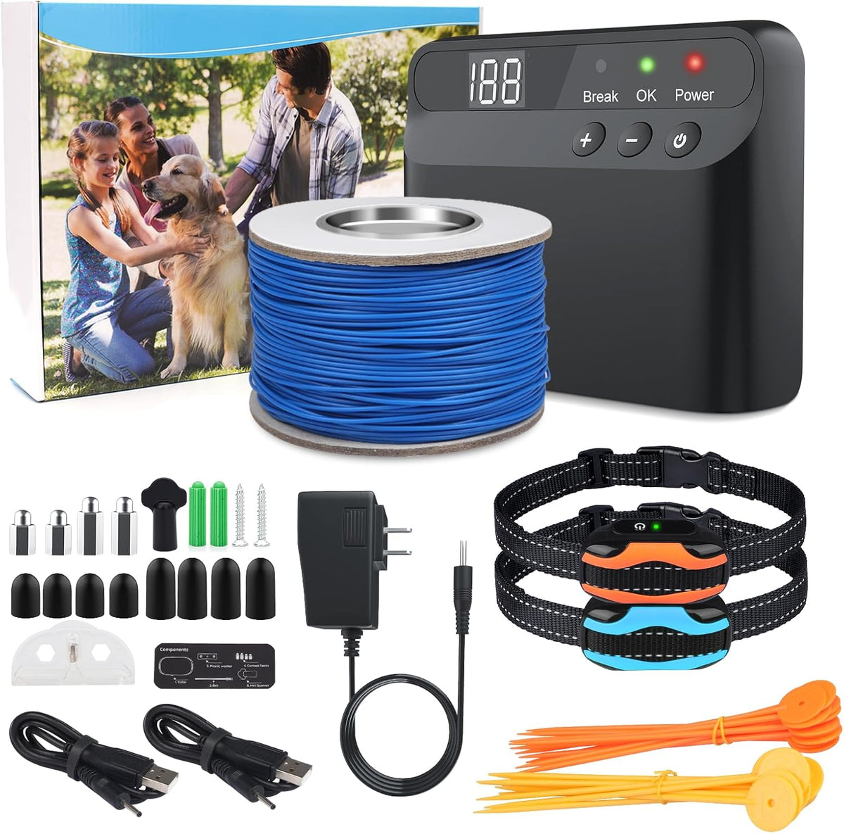 PcEoTllar Electric Fence for Dogs transmitter and wire spool front view