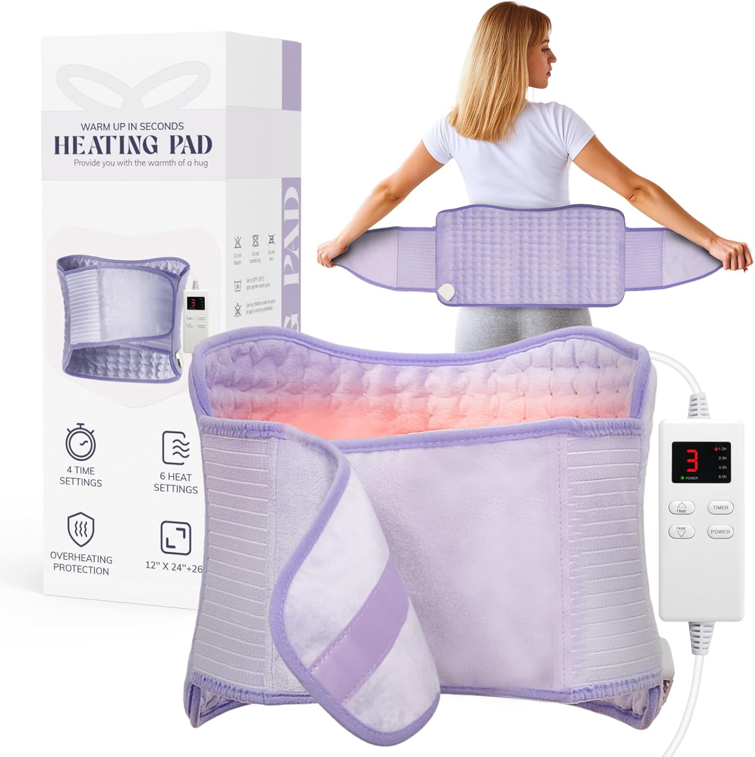 Vilicert electric heating pad front view in lavender color with adjustable belt strap