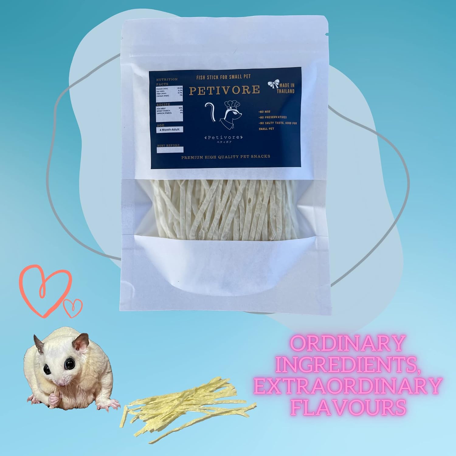 PETIVORE exotic pet food showing thirty five grams packet layout
