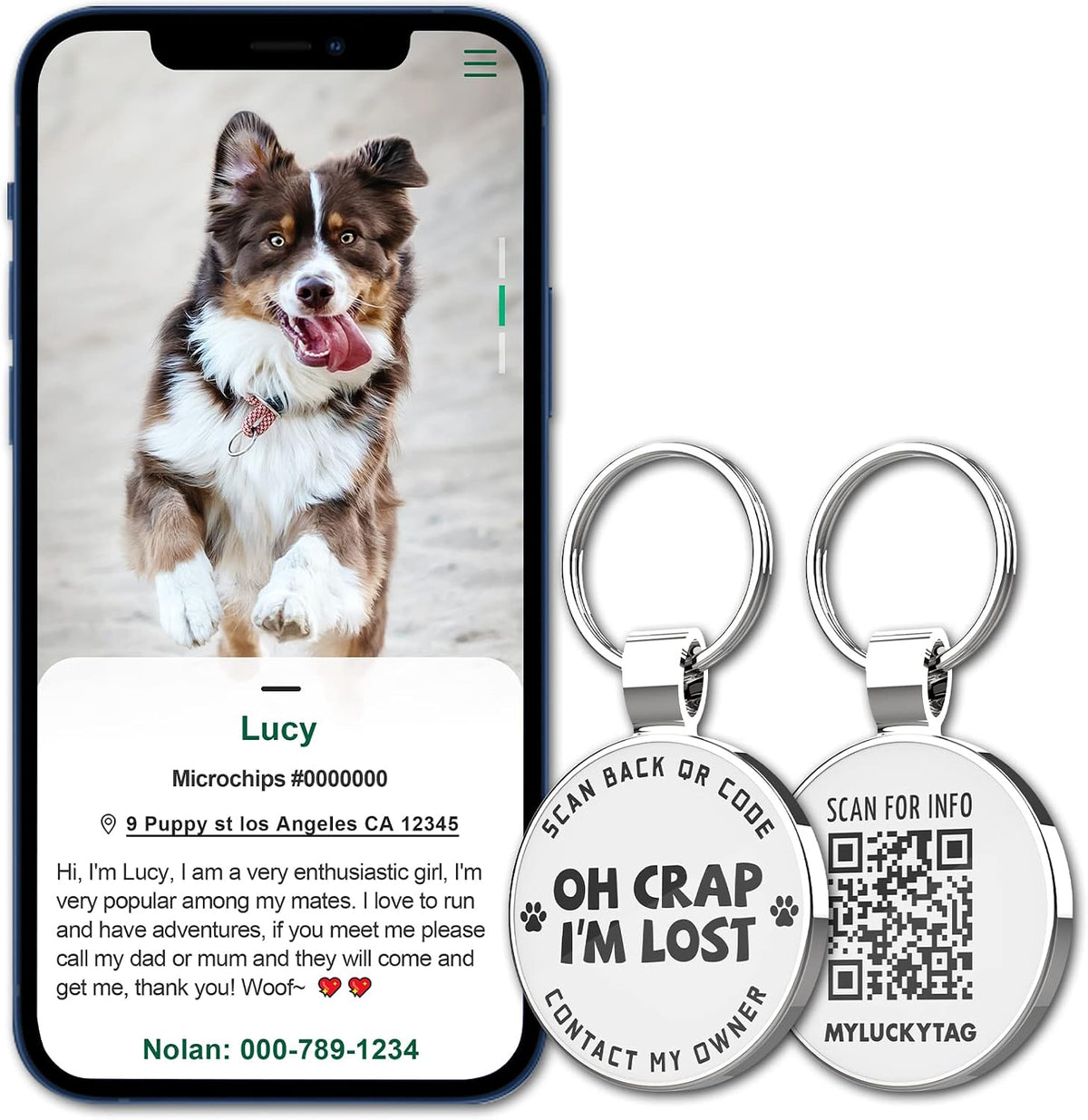 MYLUCKYTAG rust free round digital pet ID tag packaging view