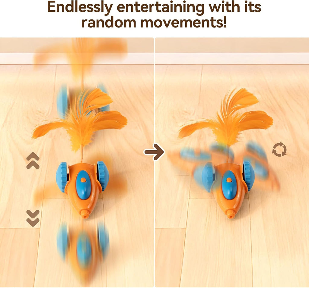 Rechargeable interactive pet toy showing the USB charging port and accessories.