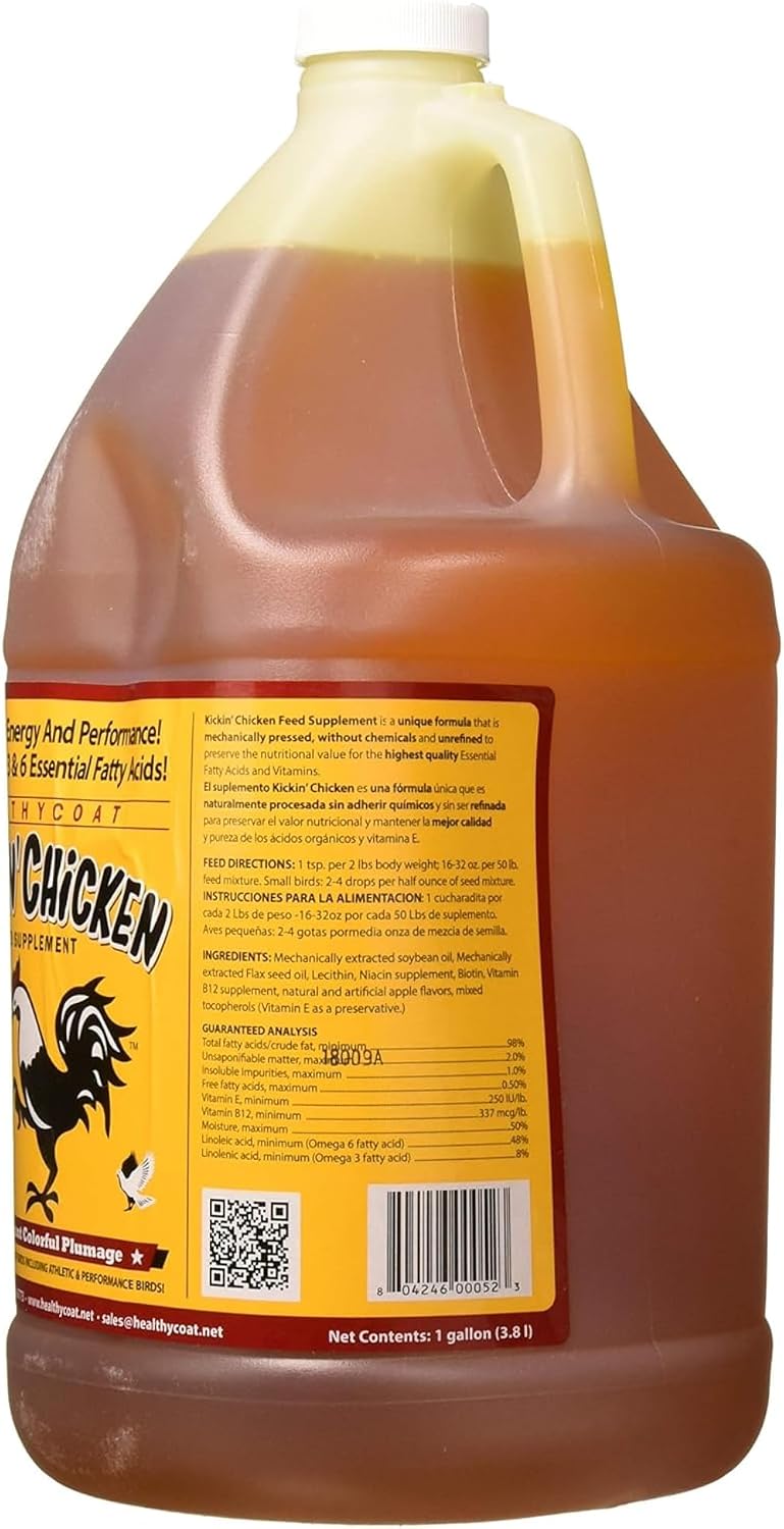 HealthyCoat poultry liquid formula container highlighting nutritional facts and omega ingredients