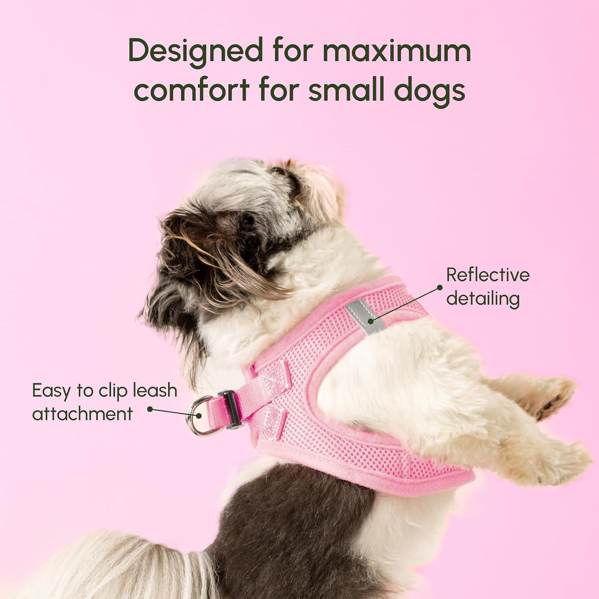 Secure buckle and velcro closure on baby pink dog harness