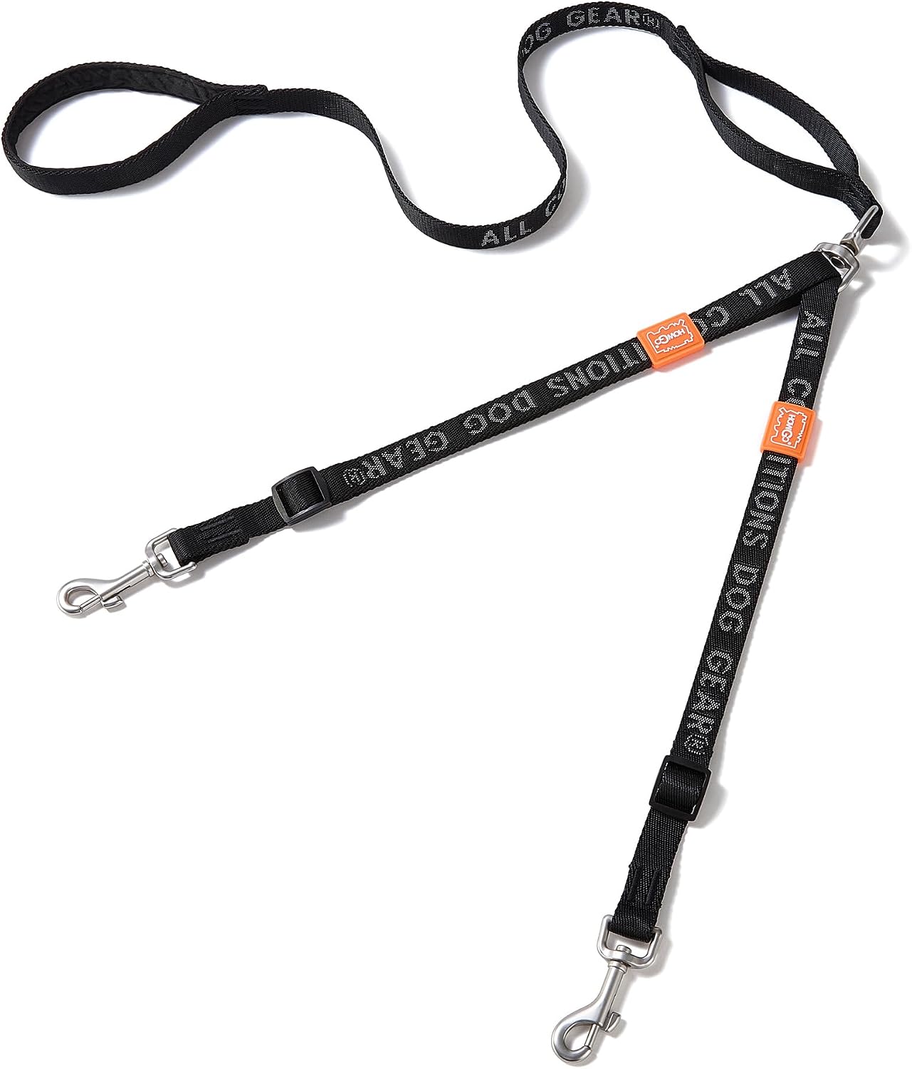 HOWGO double dog leash front view showing the tangle-free 360 swivel mechanism and black nylon straps.