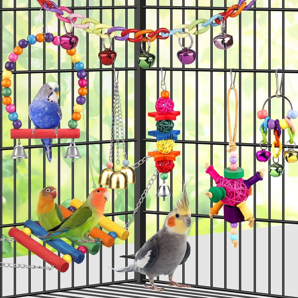 Colorful suspension bridge and climbing ladder for conures