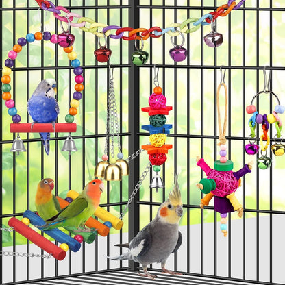 YIXUND pet bird swing featuring metallic hanging bells and multi color rings for small parrots