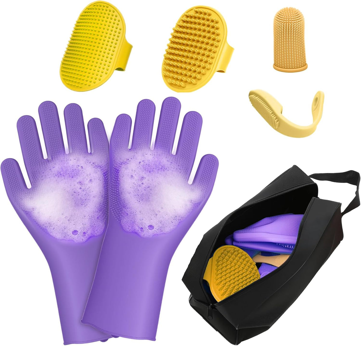 7 PCS Pet Grooming Kit for Dogs and Cats | Dog Washing Gloves | Dog Bath Brush | Cleanroom Gloves | Dog Shampoo Brush | Finger Toothbrushes | Storage Bag | All-in-One Pet Care (Pink) - Image 10