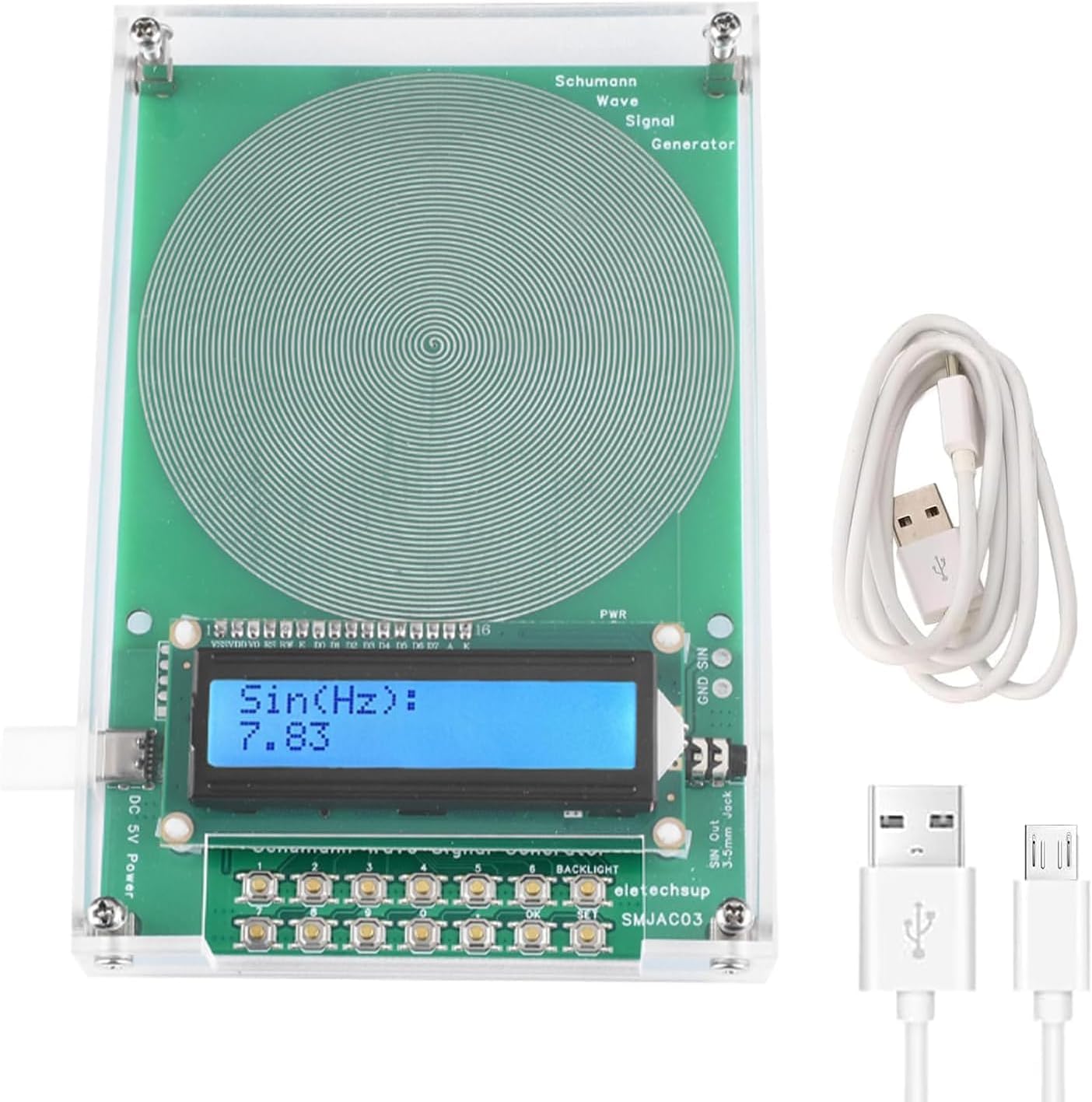 Tegongse Schumann wave resonance frequency generator front view showing the digital display and circuit board layout.