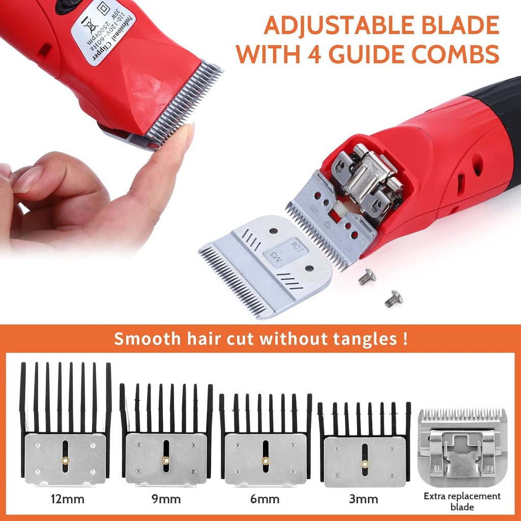 DUCKBOY professional pet trimmer showing four interchangeable blades and attachments