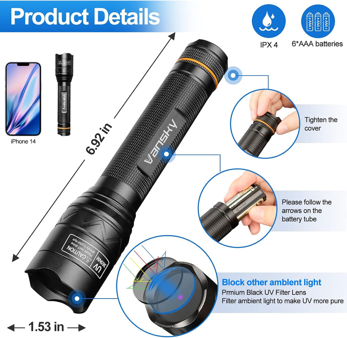 Vansky X7 Pro professional ultraviolet resin curing and hotel room hygiene inspection flashlight.