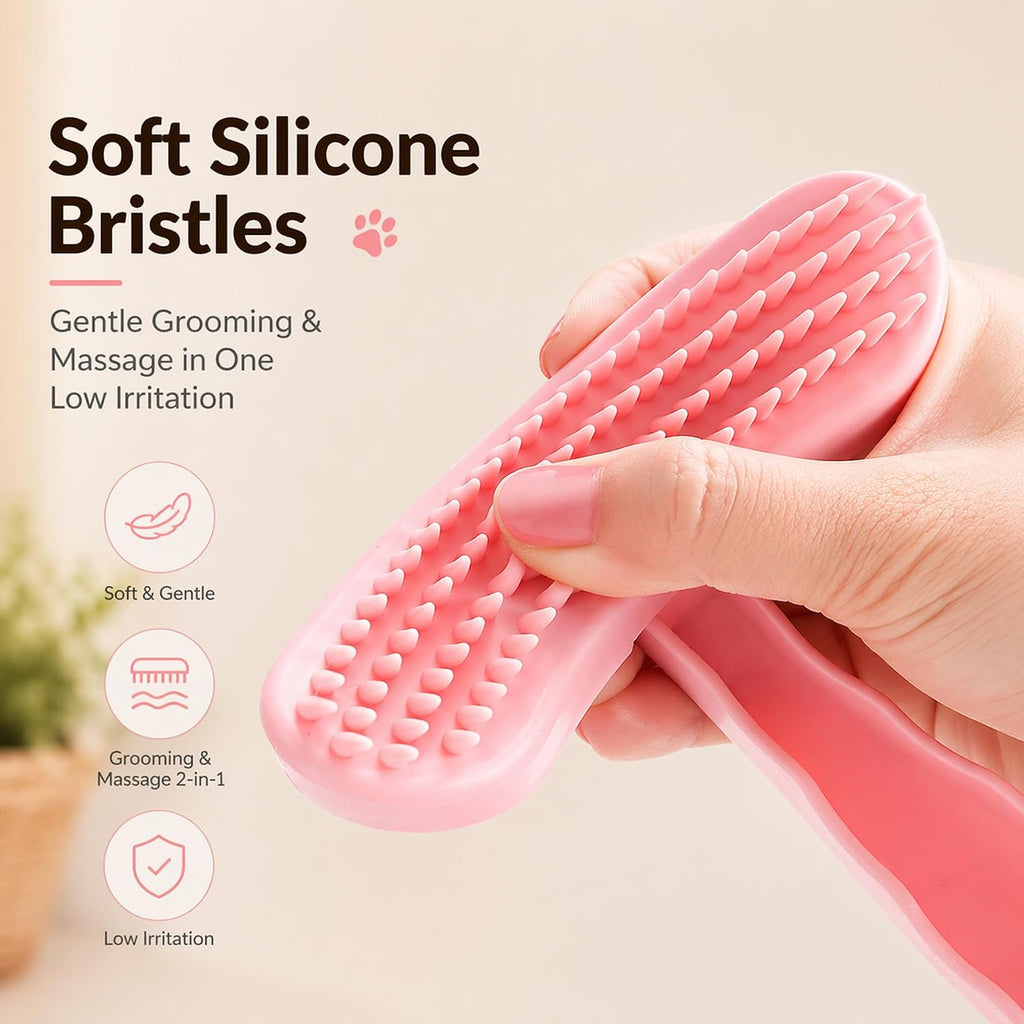 Soft silicone bristles of small pet massager comb up close