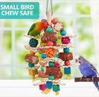 Close up of colorful wooden beads on LovyoCoCo parrot chewing toy