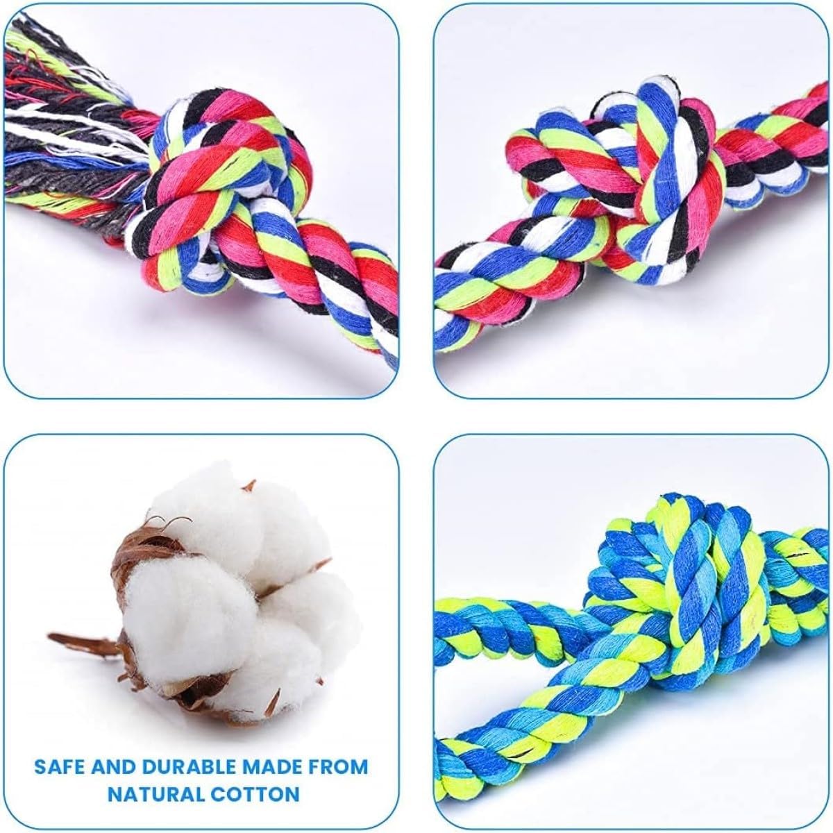 Two distinct sizes of heavy duty pet rope toys with multiple knots