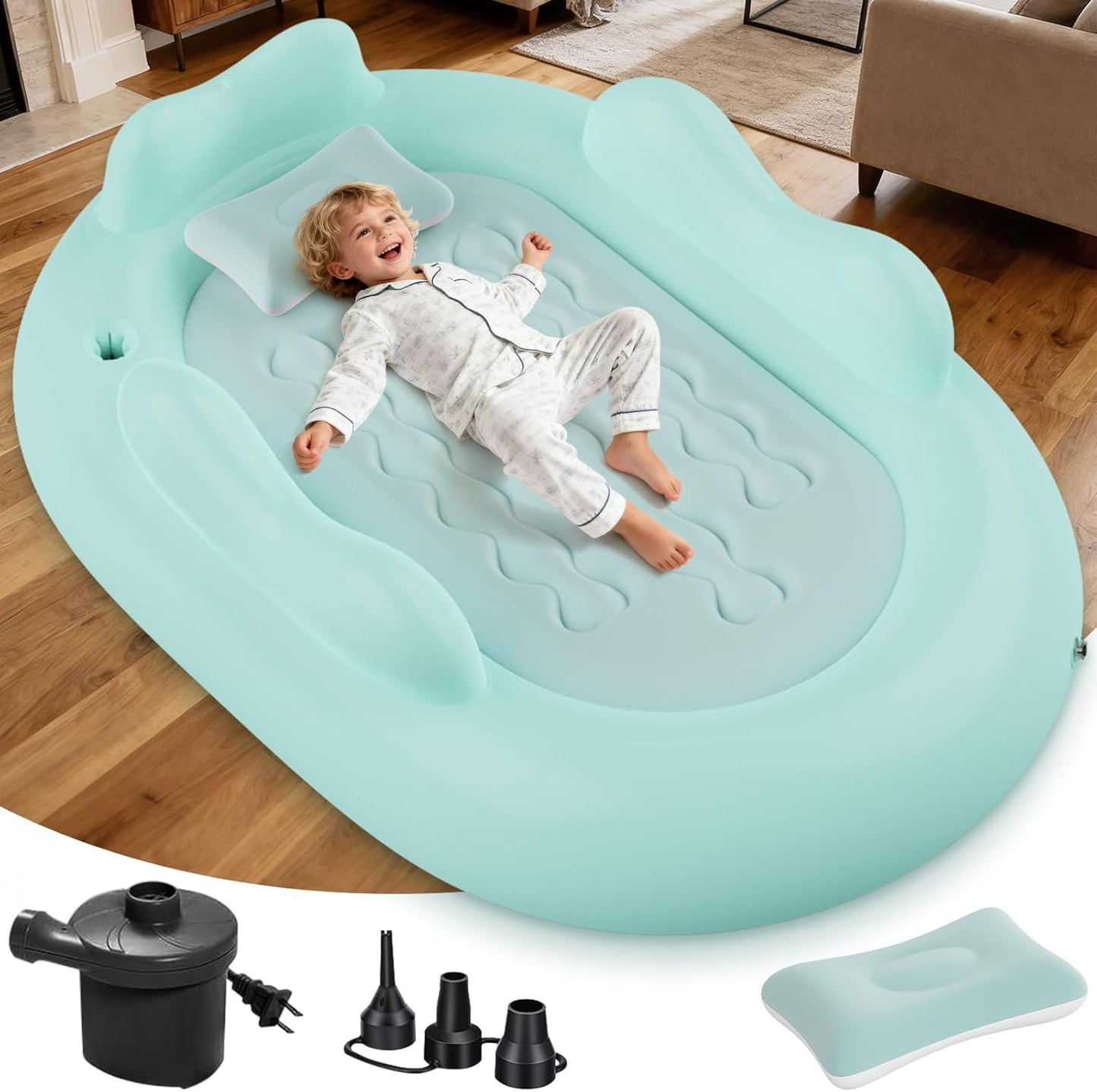 Abdtech inflatable toddler travel bed front view showing green oval air mattress with safety sides.