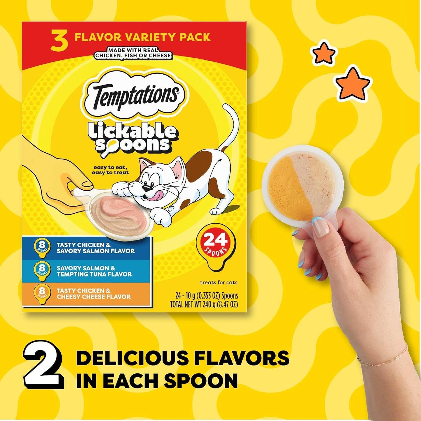 Temptations cat treats variety pack box showing chicken salmon and cheese flavor icons