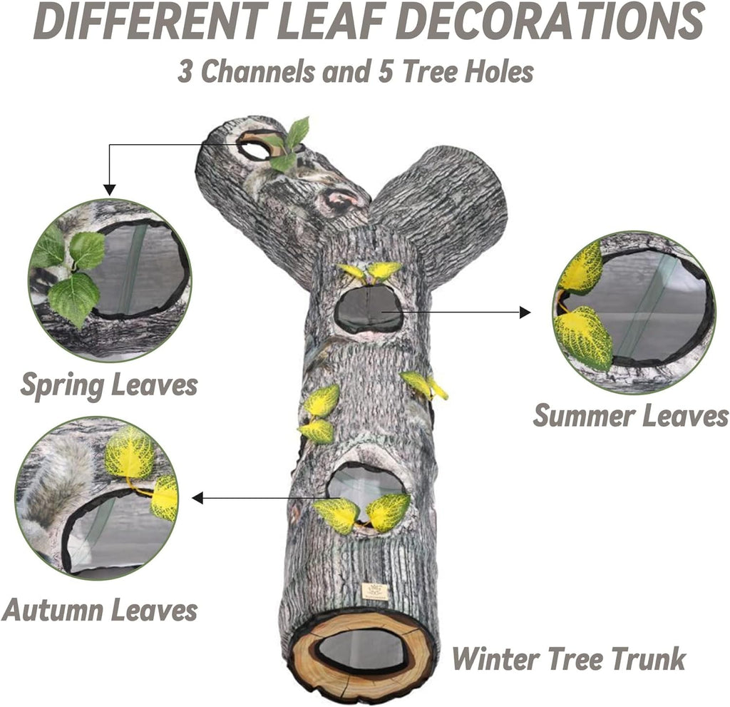 Three way pet play tube with five tree hole peeking openings flat lay