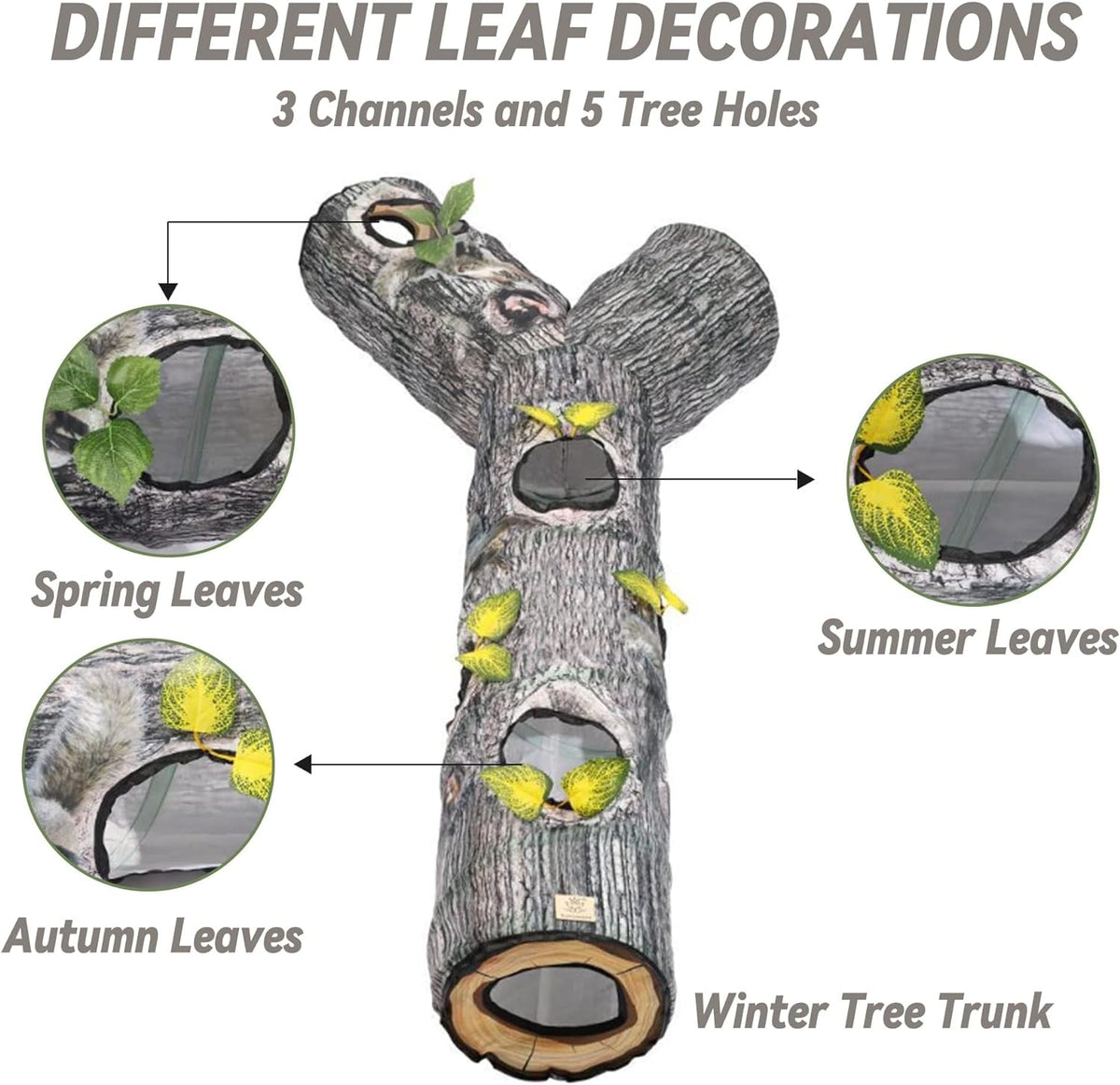 Three way pet play tube with five tree hole peeking openings flat lay
