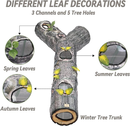 Three way pet play tube with five tree hole peeking openings flat lay