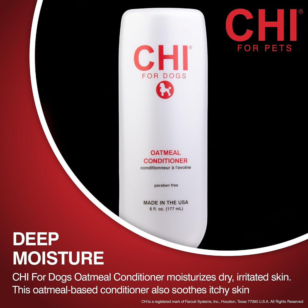 Back label of CHI pet care oatmeal formula showing instructions for dry skin relief.