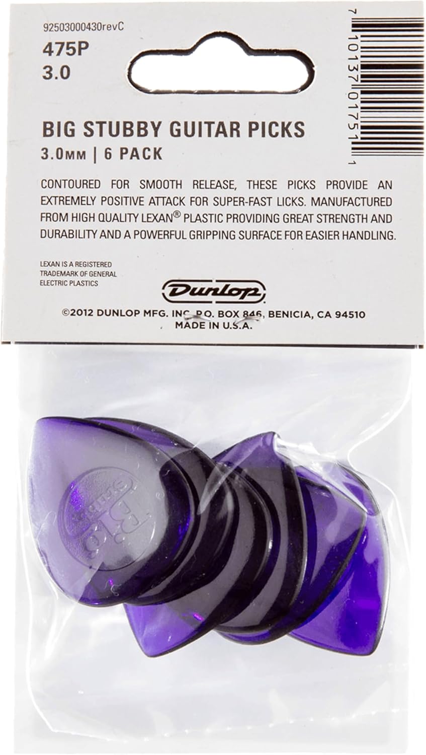 Six pack of dark purple extra heavy Jim Dunlop plectrums for fast alternate picking