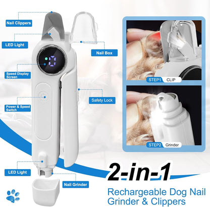 2-in-1 Dog Nail Clippers & Grinder with LED Light, Quiet Electric Pet Nail Trimmer for Small Medium Large Dogs & Cats, 3 Speeds, USB Rechargeable, Quick Sensor, Safety Lock & Splash Guard (White) - Image 9