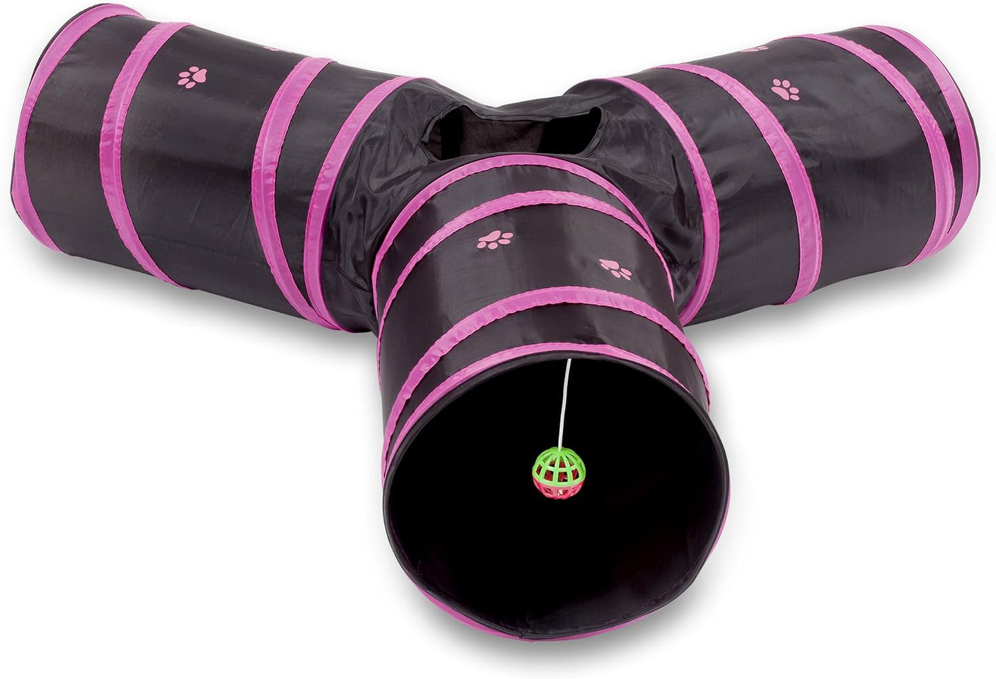 Collapsible three way interactive pet play tube showing the central peephole and hanging bell toy accessory