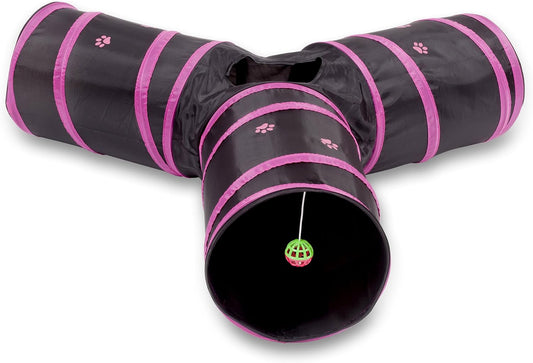 Collapsible three way interactive pet play tube showing the central peephole and hanging bell toy accessory