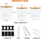 Three clear acrylic pet food jars with wooden lids on a non-slip leather mat