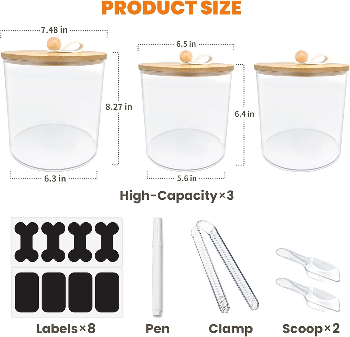 Three clear acrylic pet food jars with wooden lids on a non-slip leather mat
