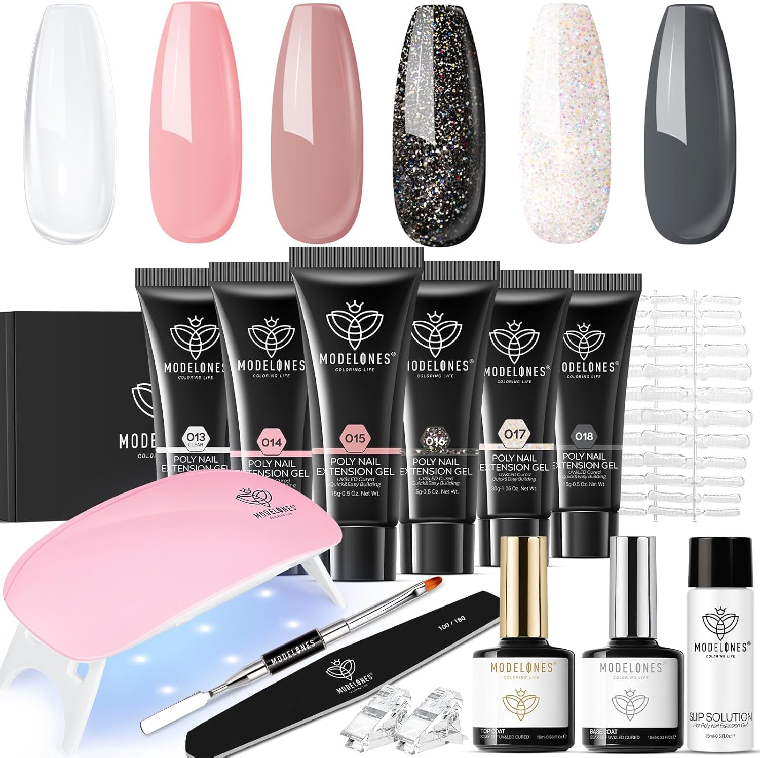 Modelones poly nail extension gel kit front view with 6 colors