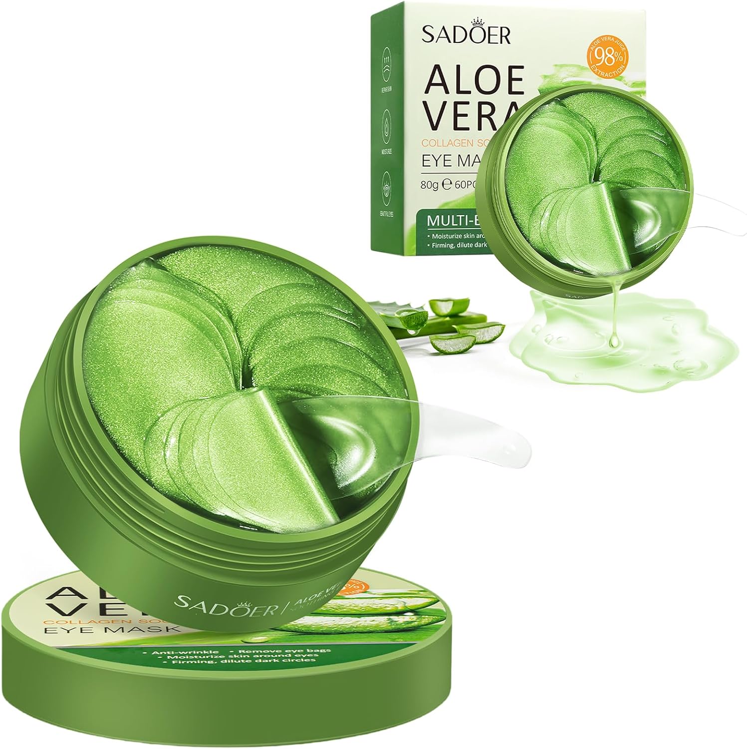 Hiventick Aloe Vera Under Eye Patches front view of the packaging jar showcasing the green hydrogel eye masks.