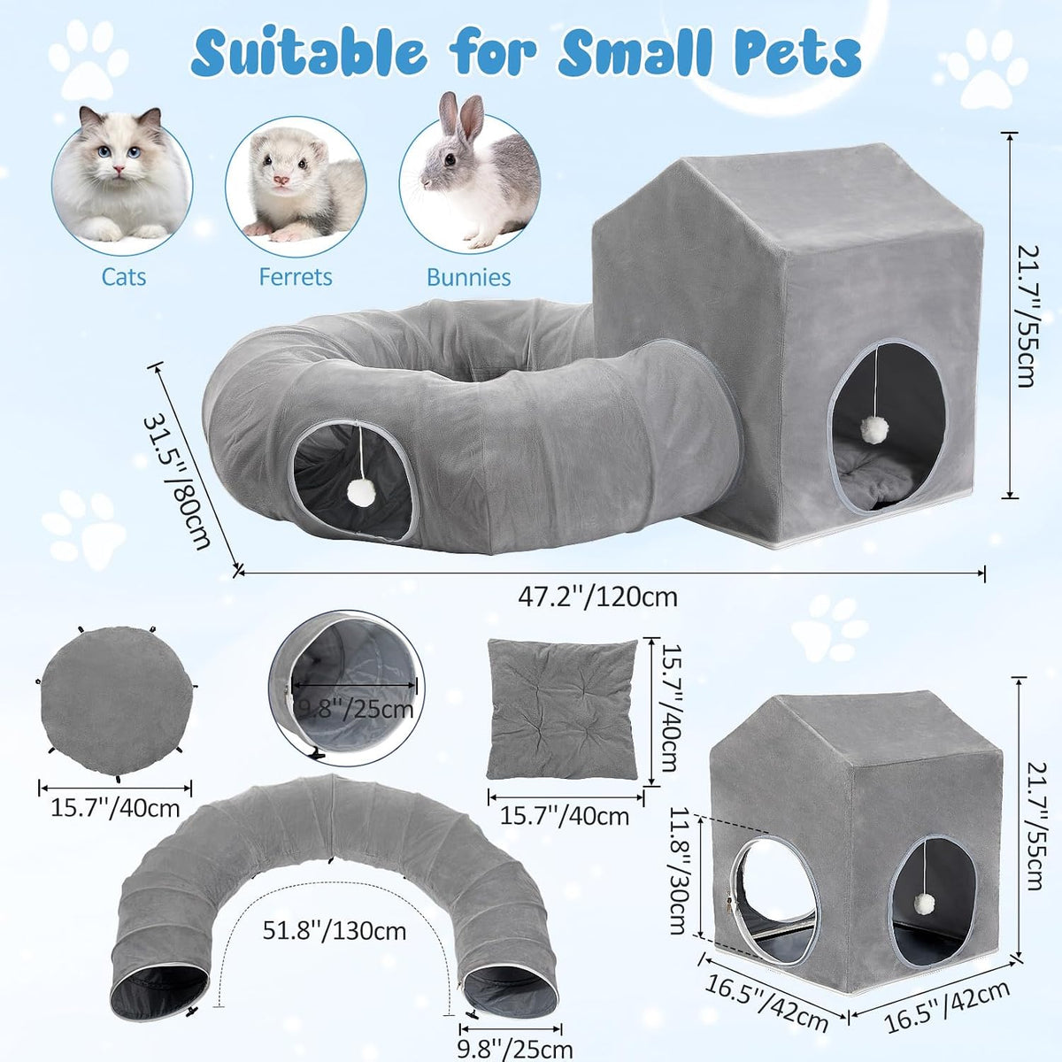 Pawaboo interactive kitten play tunnel detached configuration with plush cushions