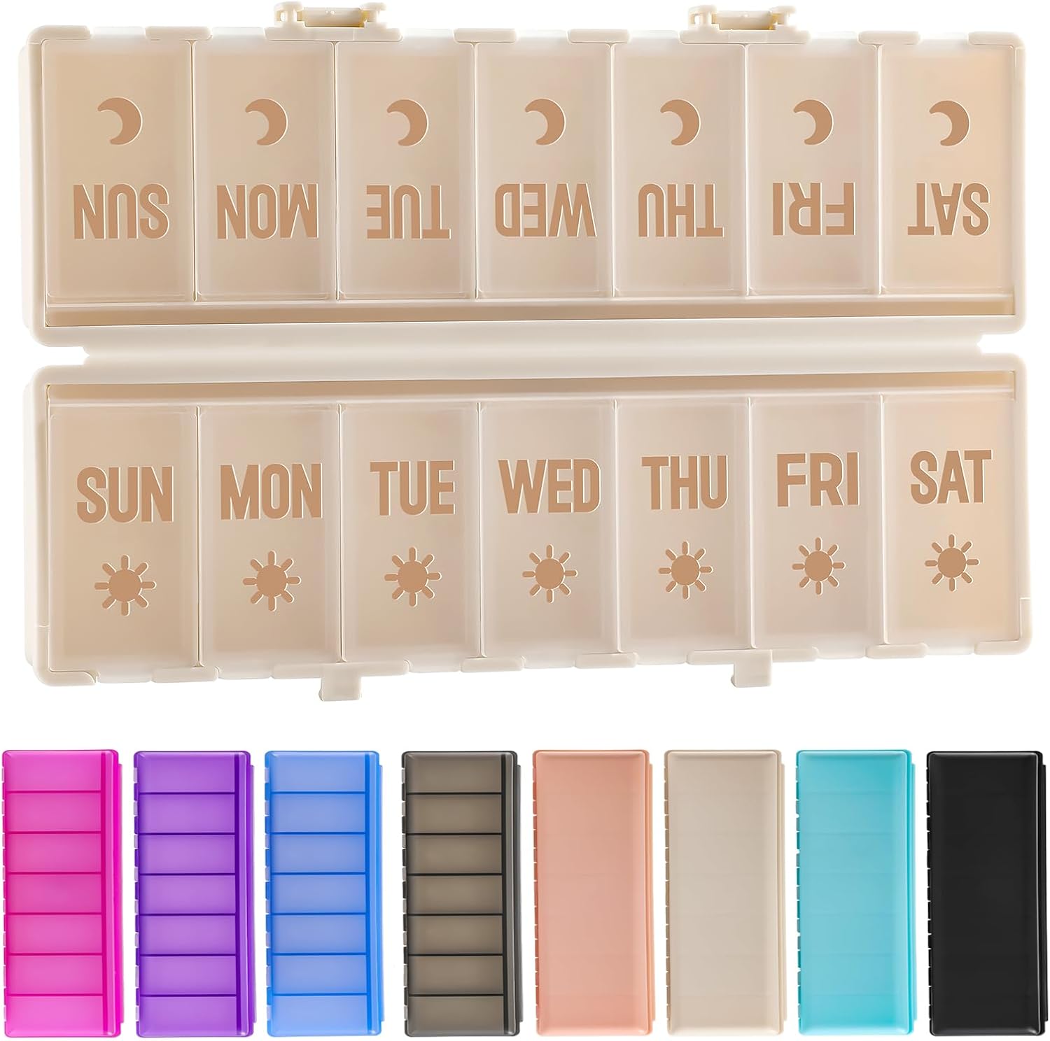 Acedada foldable weekly pill organizer front view showing the khaki protective case.