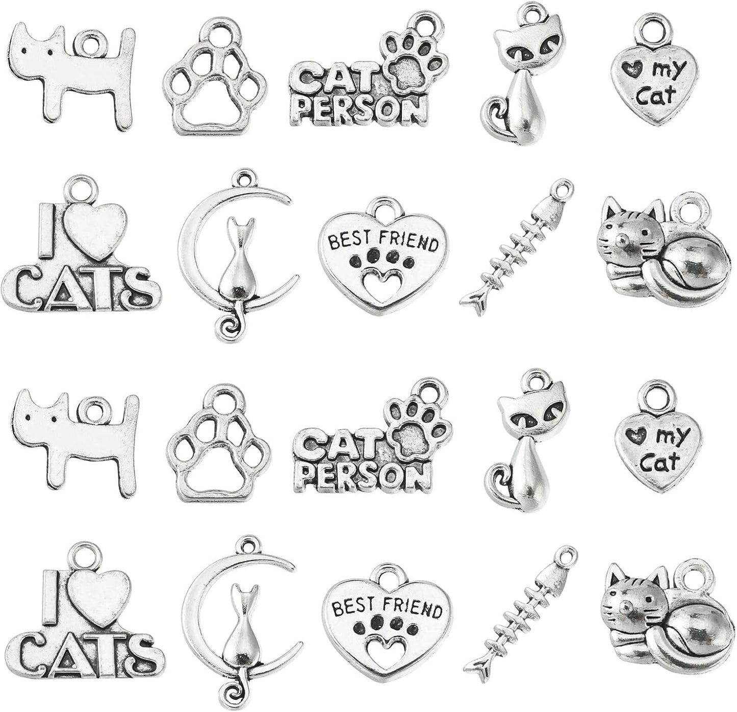 Ornazy 50 pieces antique silver cat charms front view for jewelry making