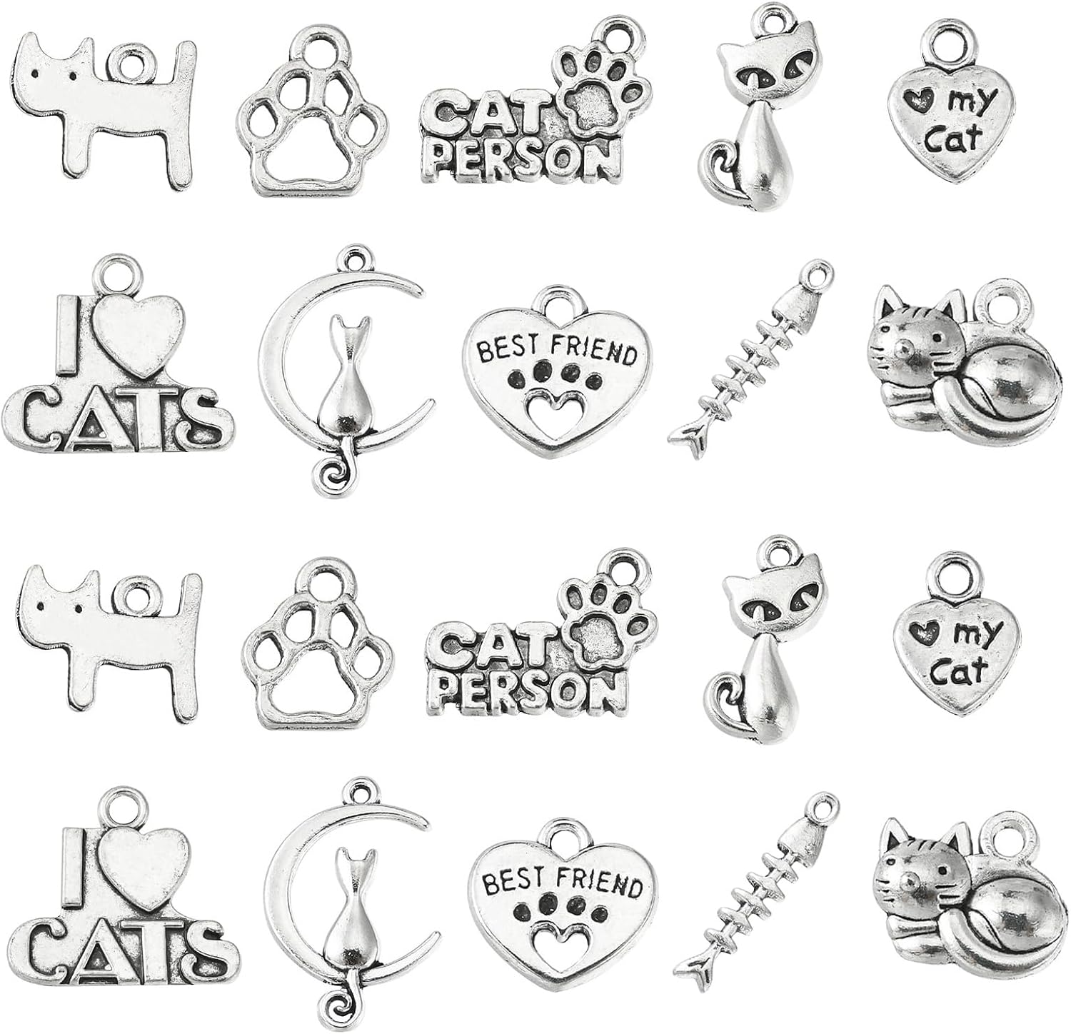 Ornazy 50 pieces antique silver cat charms front view for jewelry making
