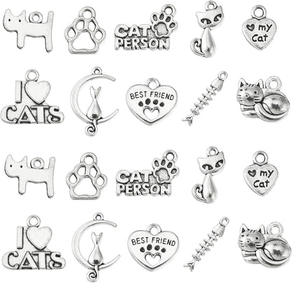 Ornazy 50 pieces antique silver cat charms front view for jewelry making