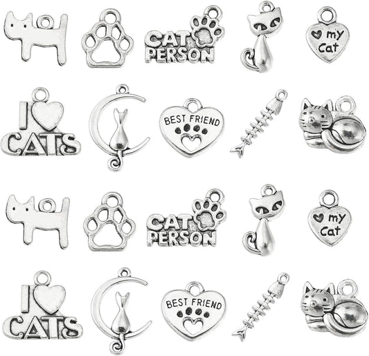 Ornazy 50 pieces antique silver cat charms front view for jewelry making