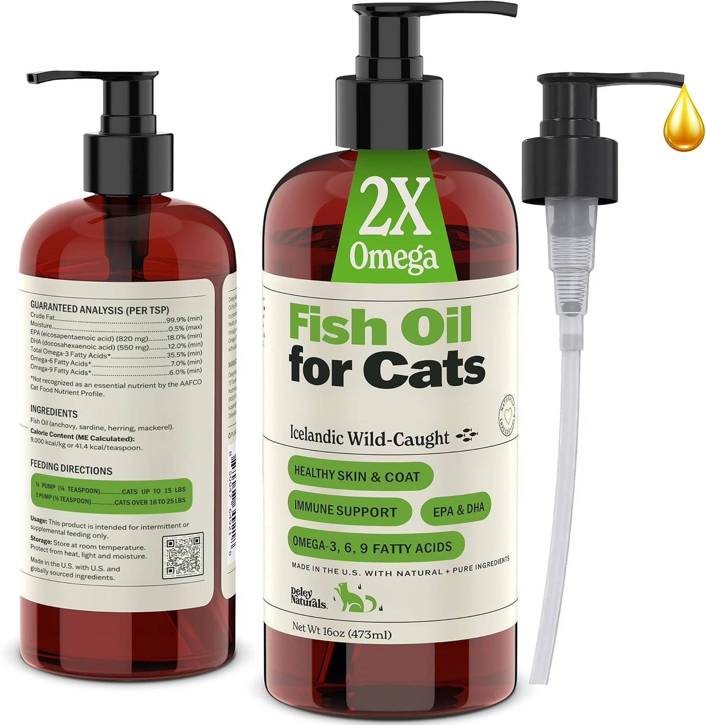 Deley Naturals Wild Caught Fish Oil for cats front view bottle with pump dispenser