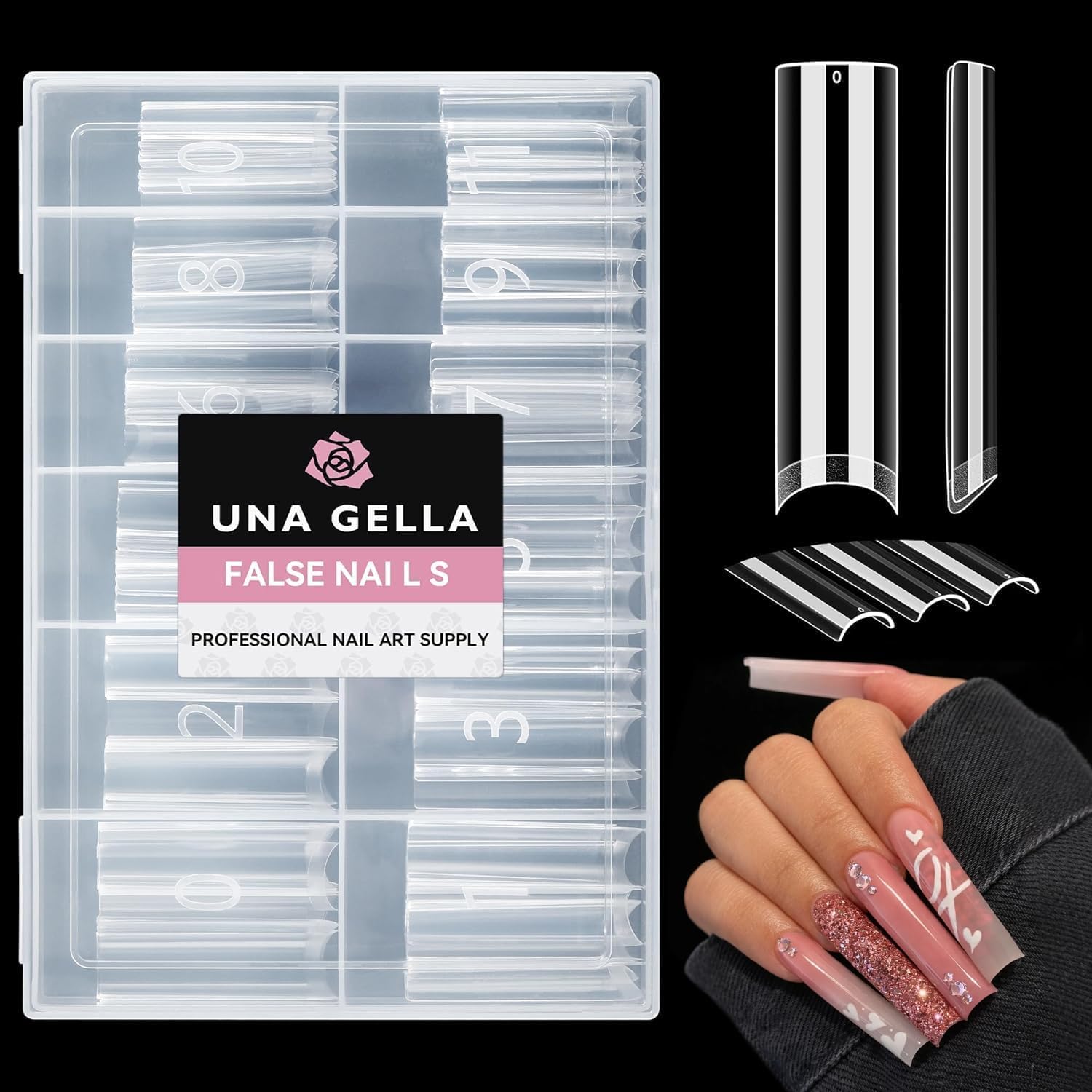 UNA GELLA XXL Square Nail Tips in a clear 120 piece organized storage box