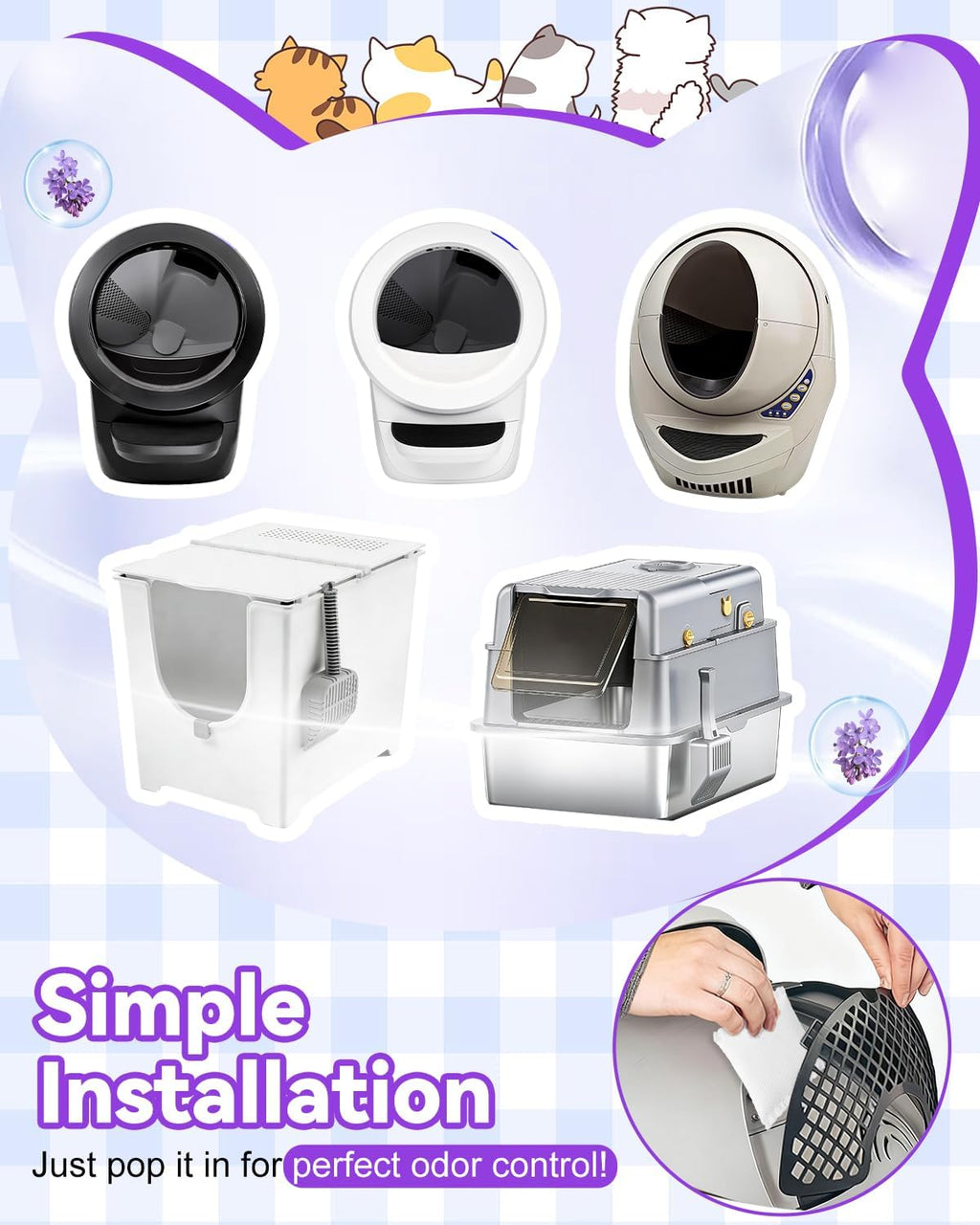 Individually sealed lavender cat litter box replacement pods.