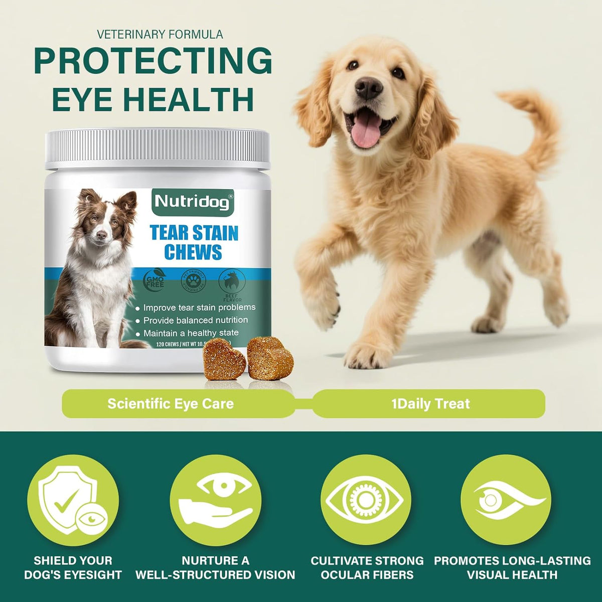 Nutridog white fur care dog supplement jar showing vitamin c and lutein benefits