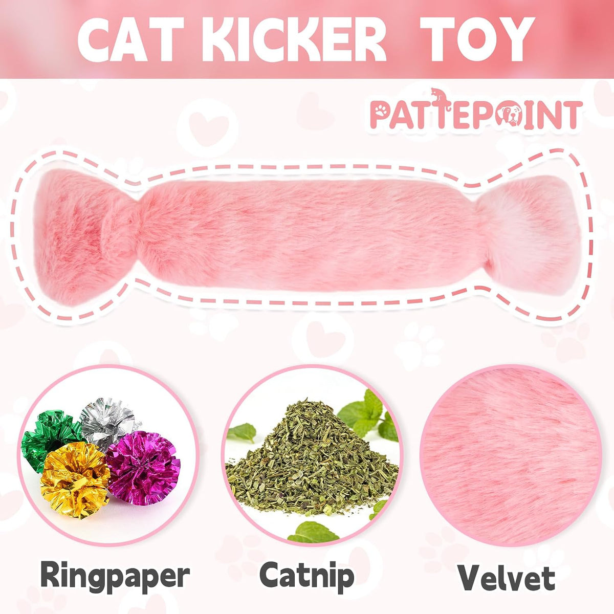 Cat playing with candy shaped catnip kicker pillow